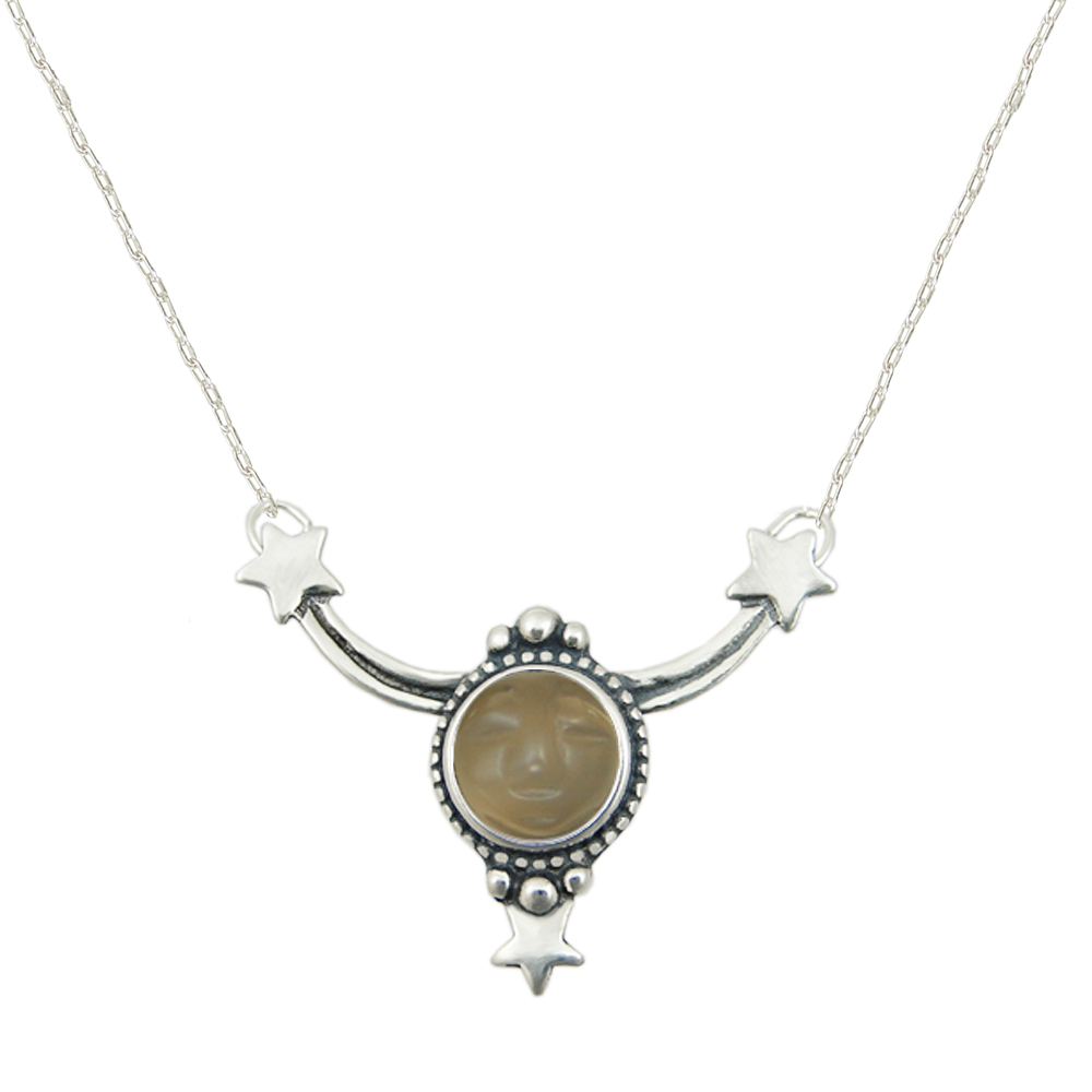 Sterling Silver Carved Peach Moonstone Moonface Accents this Necklace